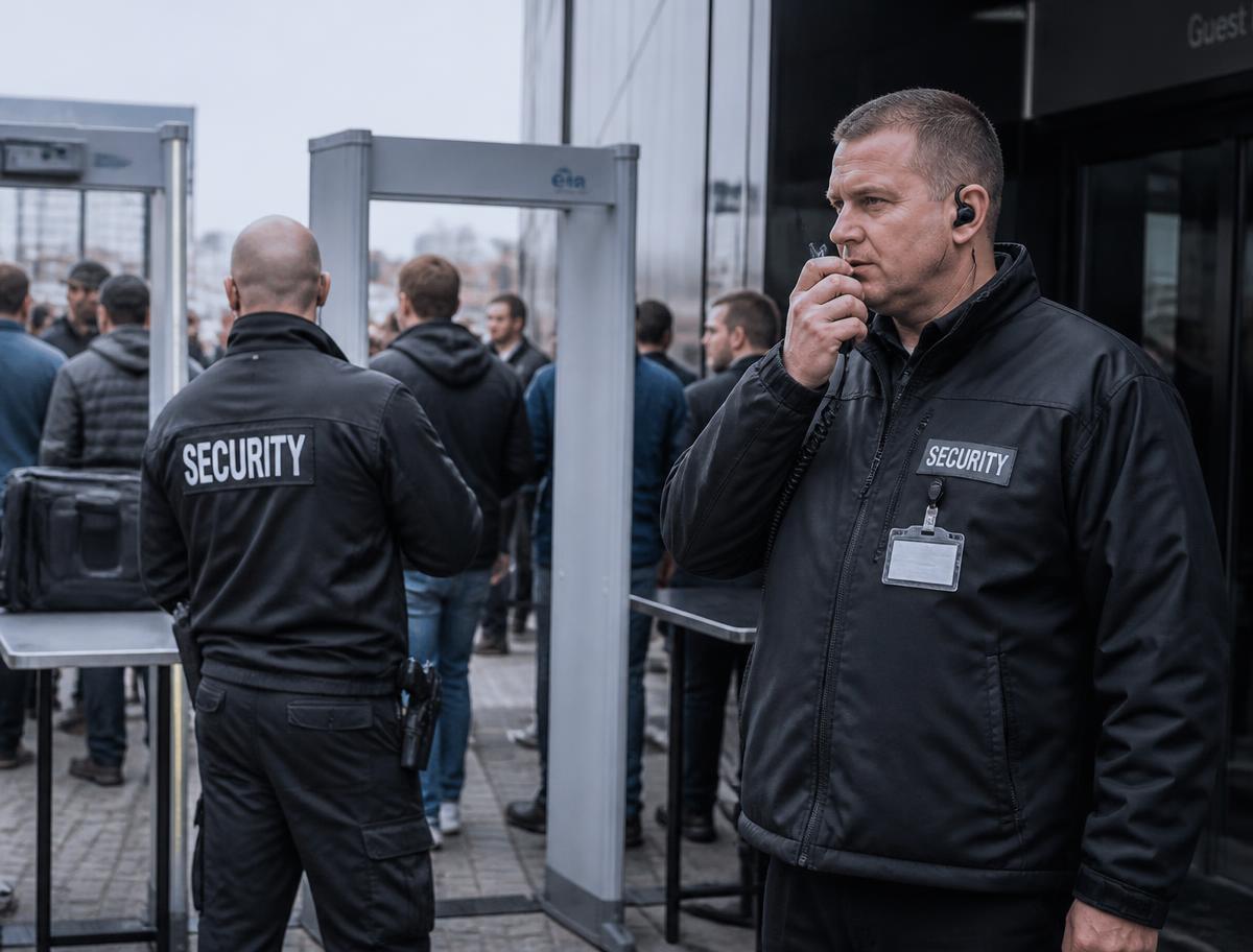 Security personnel with earpieces operating an active screening lane at a venue entrance while communicating by radio