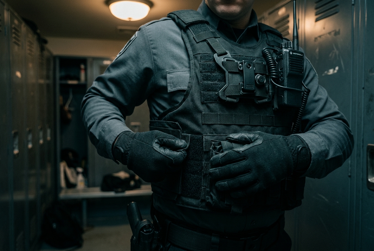 Security officer fastening a tactical vest over a radio in a locker room
