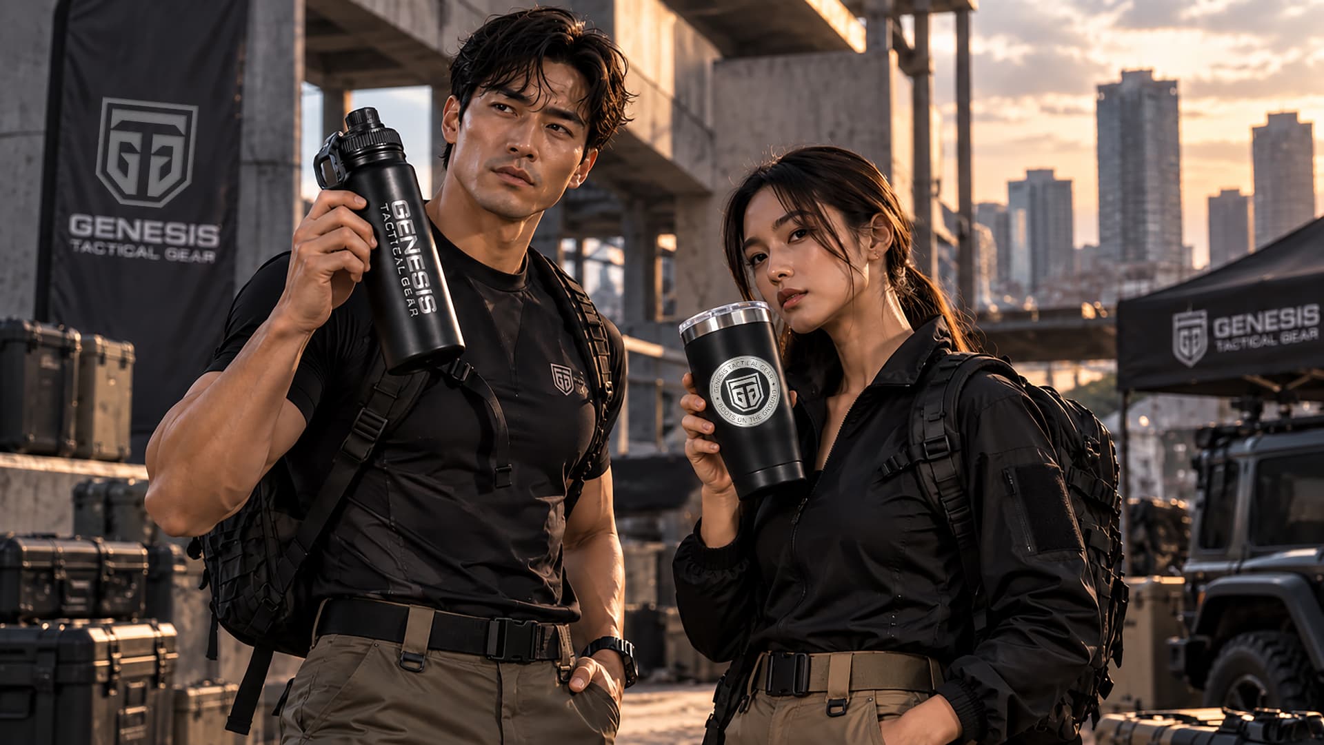 Field professionals carrying Genesis Tactical Gear hydration products