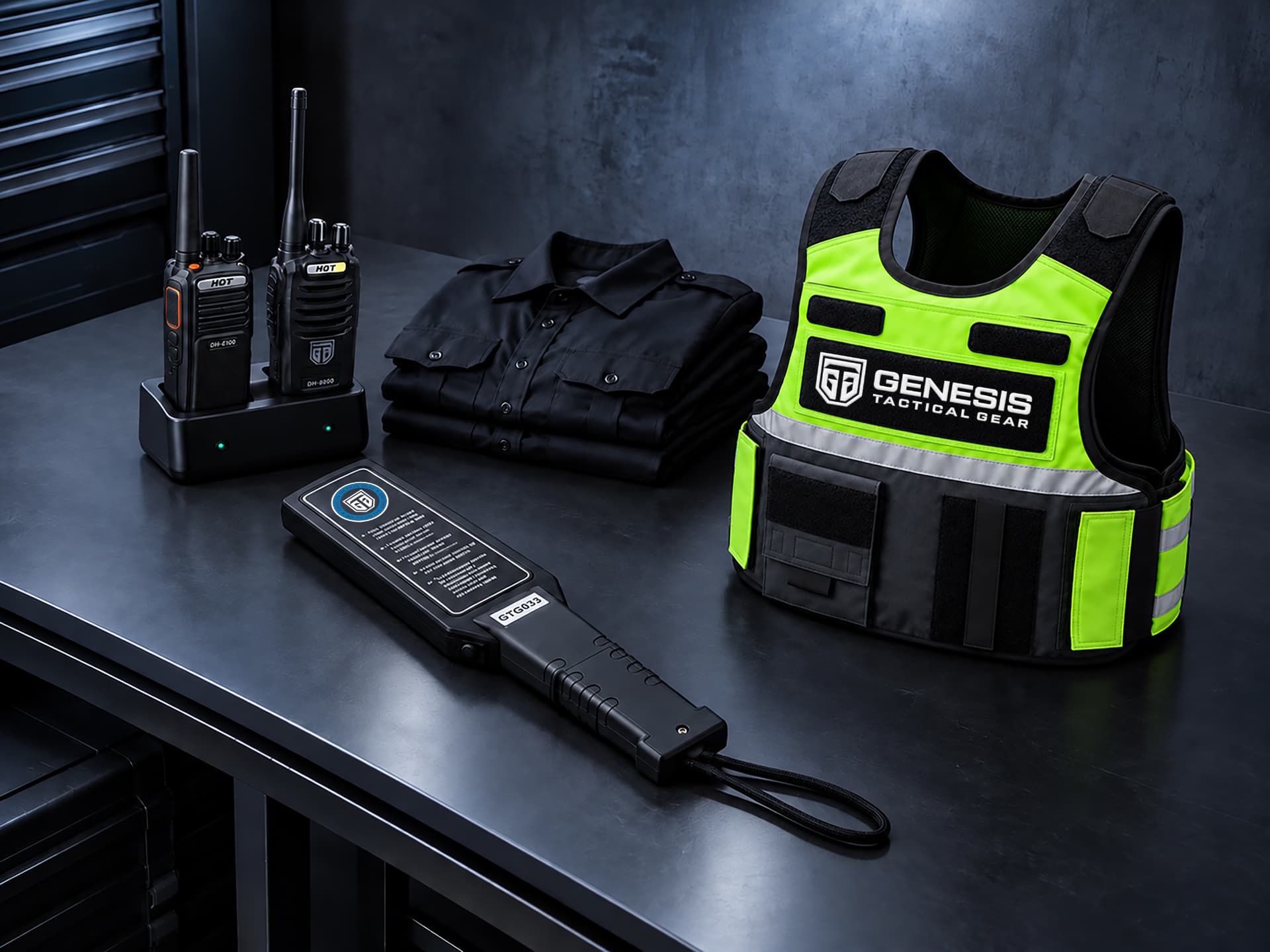 High-visibility vest, hand-held scanner, folded shirts and two-way radios on a charging dock, laid out on a workbench