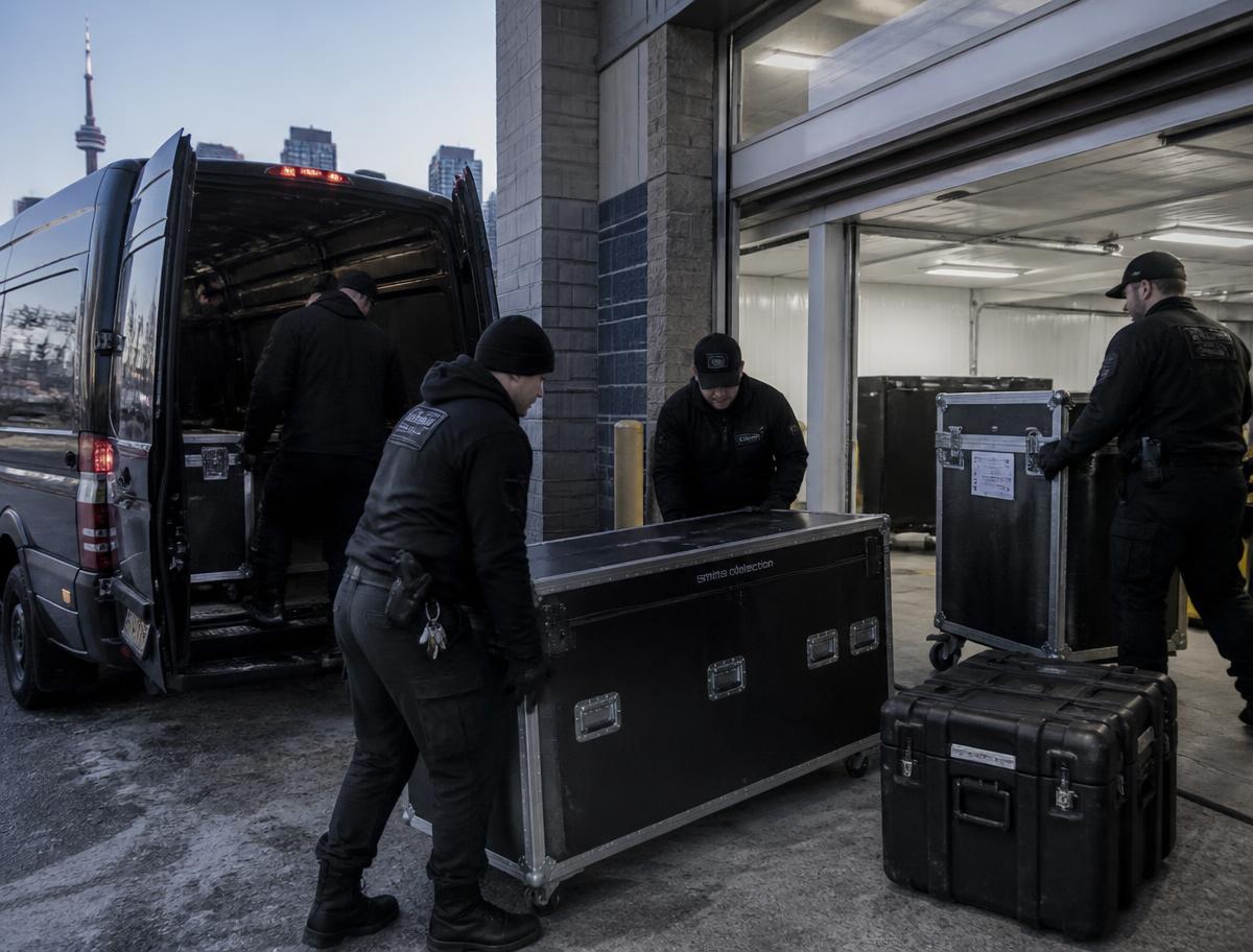 Crew loading cased screening equipment from a cargo van at a venue loading dock