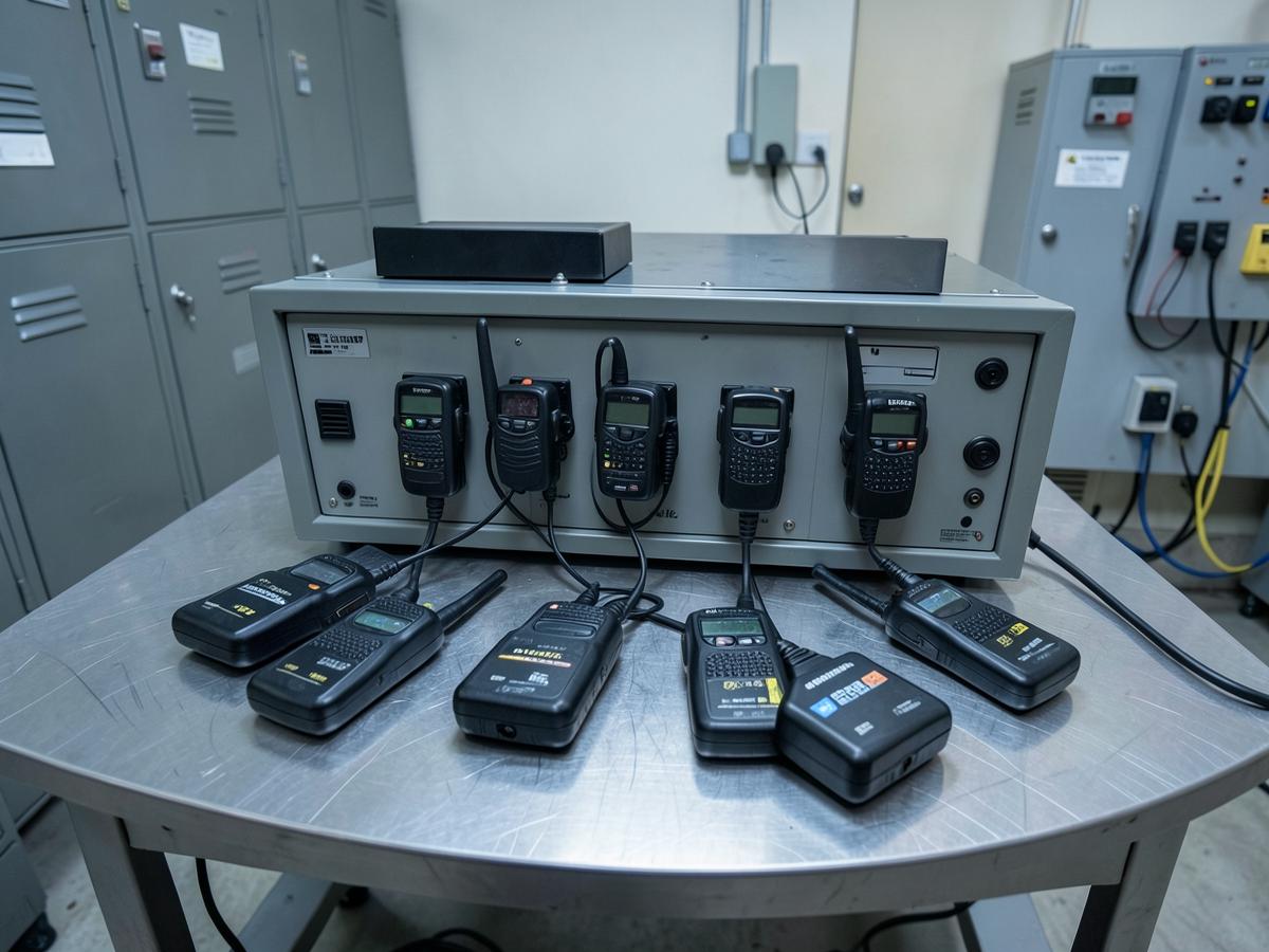 Multi-unit radio charging bank with spare batteries staged on an equipment table