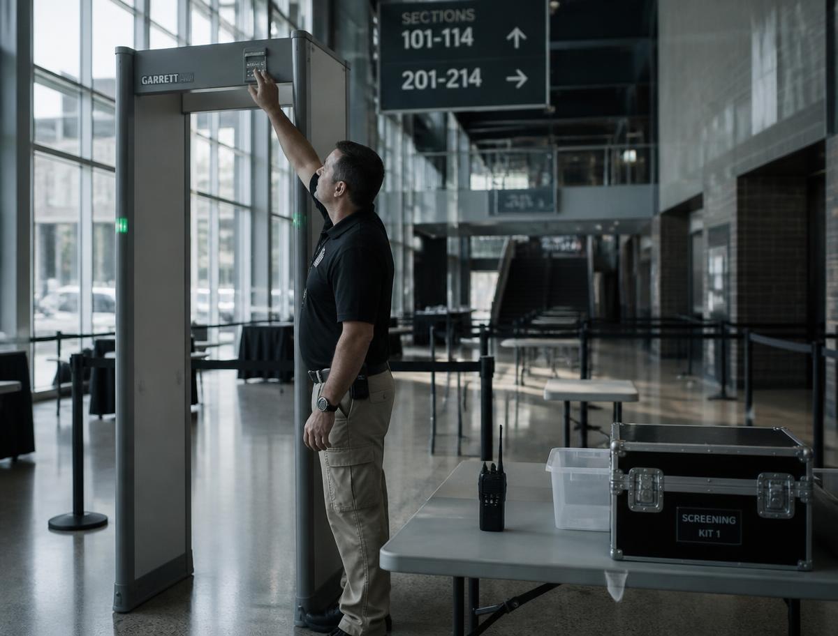 Technician calibrating a walk-through metal detector while setting up a screening lane in an arena concourse
