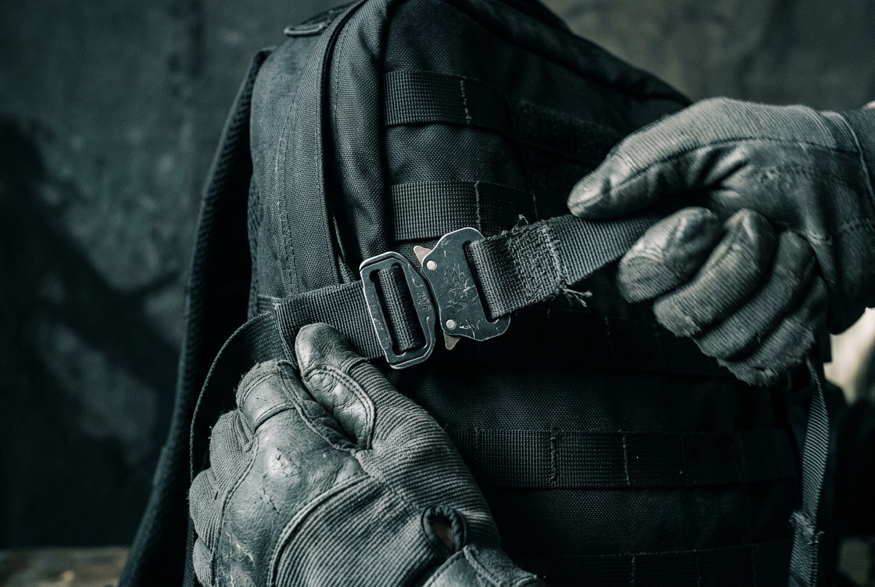 Gloved hands fastening the buckled strap of a tactical vest