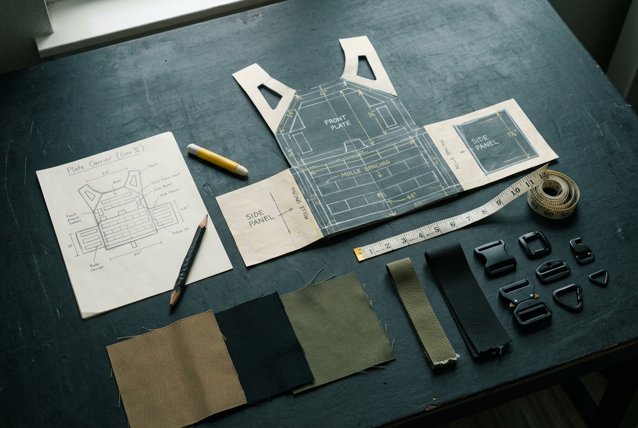 Plate carrier pattern pieces, fabric swatches and hardware laid out on a design work table