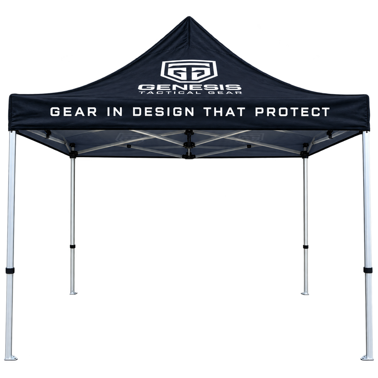 Black GTG Tactical Gear pop-up canopy tent, front view with branded canopy