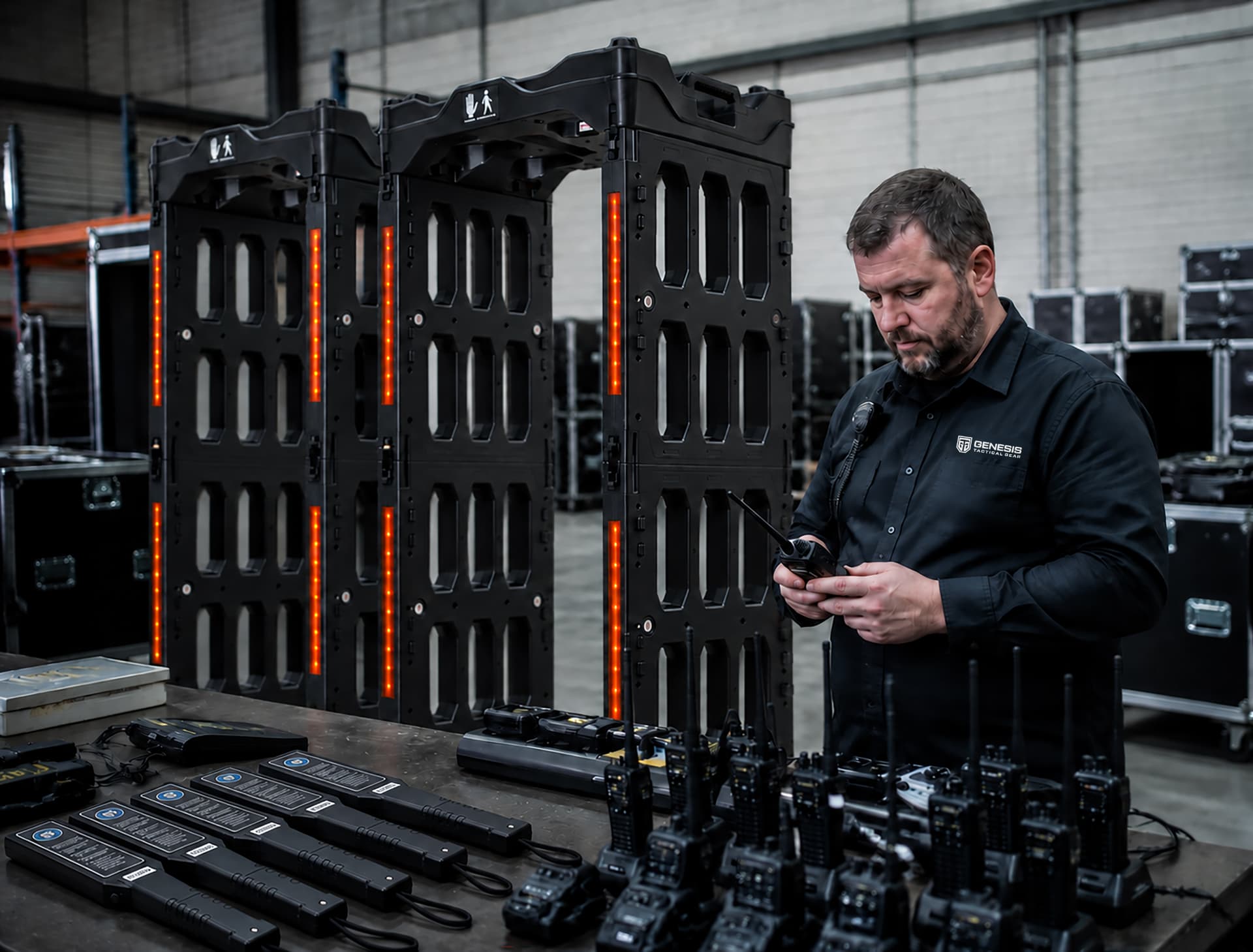 GTG technician holding a two-way radio at a warehouse bench lined with charging radios, hand-held scanners and walk-through metal detectors