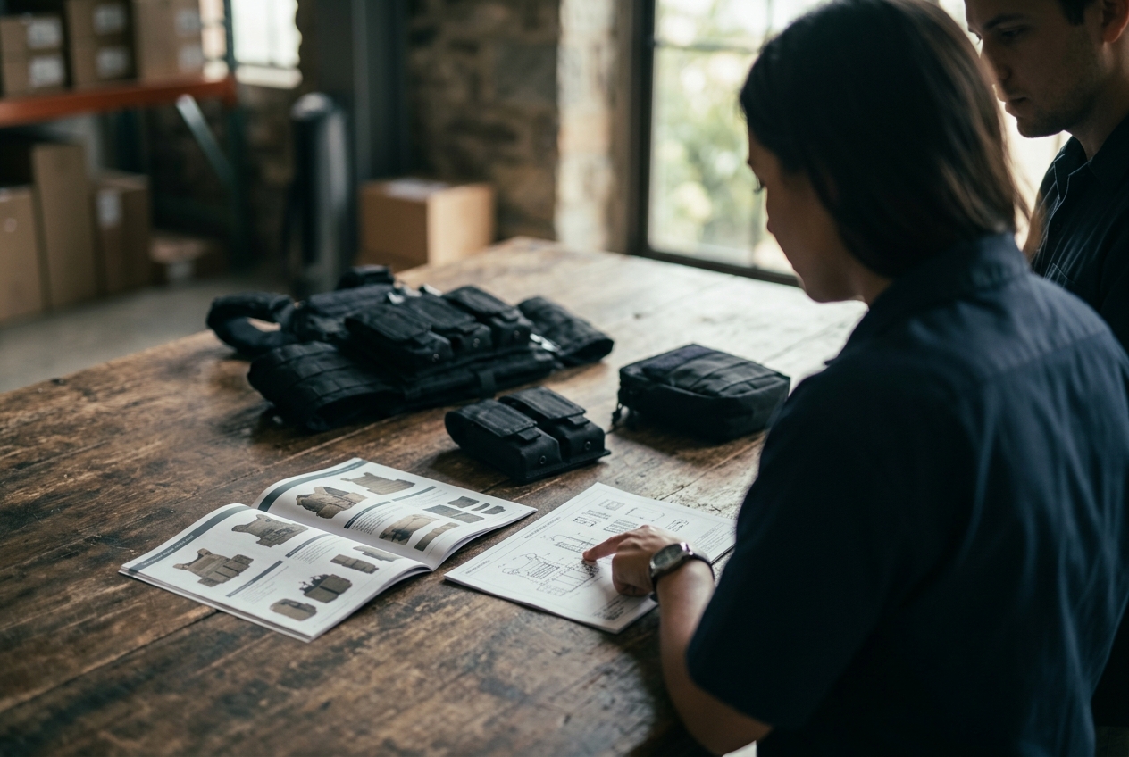 Two team members reviewing tactical vests and a gear catalog at a work table