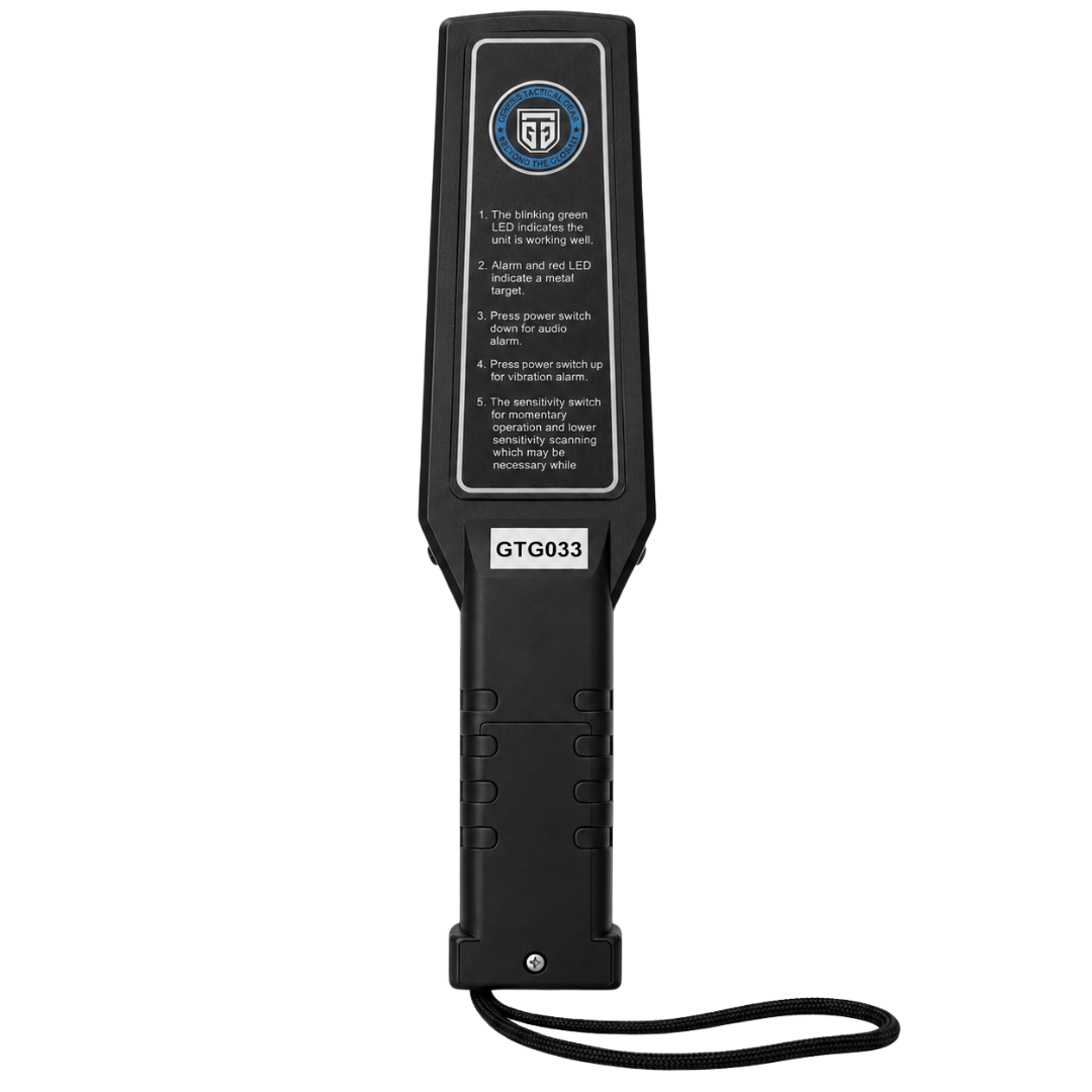 Handheld metal detector wand, front with GTG branding, operating instructions and lanyard