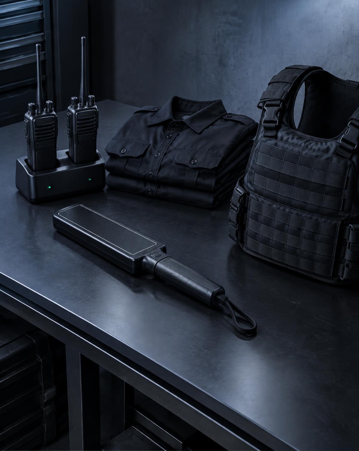 Radios, folded uniform shirts, a vest, and a metal detector wand laid out on a workbench