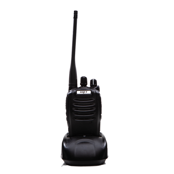 Back of black 2-Way Digital Field Radio on charging base.