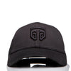 Black cotton baseball cap with a black GTG embroidered logo, front facing on white surface. The cap’s visor is curved and has a series of parallel black stitches from the edge of the visor to the base of the cap.