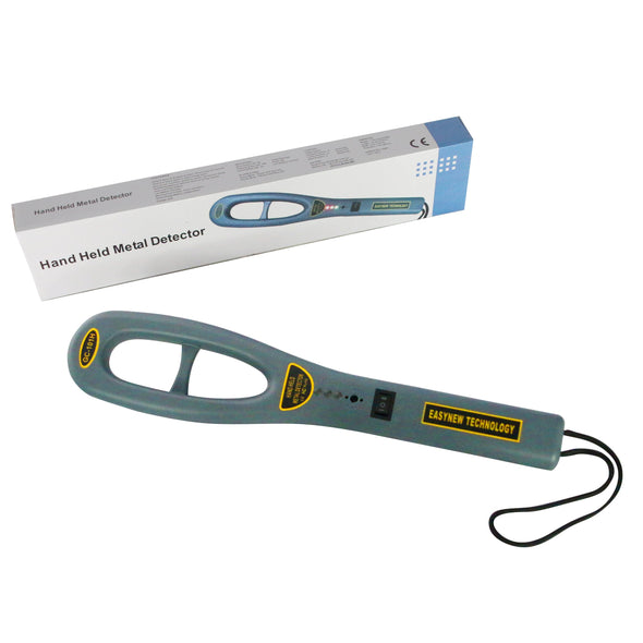 Picture of a box and control side of a hand-held safety metal detector. The upper half coil loop of the detector joins at the shaft which ends with a wrist strap. At the coil loop jointure, 3 LED signal indicator lights are followed by an alert sound trigger, and a black on/off switch. The GC-101H model number, Easy technology, and CE approval logo appear in yellow on black at the top, center and on the shaft, respectively. The box is seen from a front, slightly downward angle view, showing the top.   