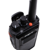 Picture of a black radio from a top, front-left side controls angle, with the back clip-on sticking out. The top of has a left on/off-volume button, followed by a 16 channels selection button, and an antenna cut by the picture, and at the front of the top, an LED light and a red top key. The front top displays the HQT brand. The left side shows the top side key and the push-to-talk key.