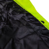 Picture of a zoom-in view of the black quilted inner lining, the seam and zipper detail of the reflective yellow jacket.