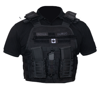 Picture of black stab-proof vest over a short-sleeve tactical shirt on an invisible model. An intricated Velcro system at the front, under the shoulder retains the flap coming from over the shoulders, whereas an intricate Molle, Velcro and pocket system populates the front panel. A white-on-black embroidered Canadian flag is attached on the Velcro  in the middle of the chest and two grey-on black embroidered patches top the flag, displaying TACTICAL to the left and DUBUC to the right.