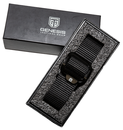  Black GTG basic tactical belt and embossed buckle displayed in box.