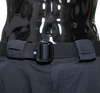 Black GTG basic tactical belt and embossed buckle displayed on a shiny black dummy wearing tactical pants.