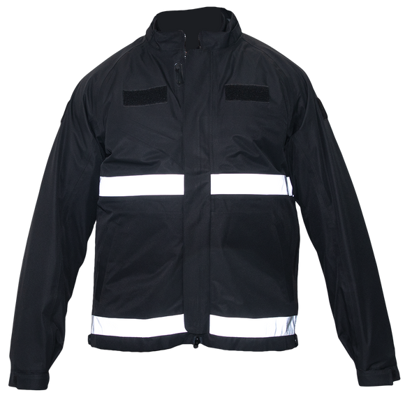 Front of black standard length, long sleeve jacket, with upright collar and no rain-cap. Two 2” reflective horizontal stripes cross the jacked mid and bottom.