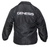 Picture of the back of a black, top of the hip, windbreaker jacket, the collar folded in a cuff. The sleeves have elastics at the wrists. A silkscreen logo displays a white GENESIS name across the top.