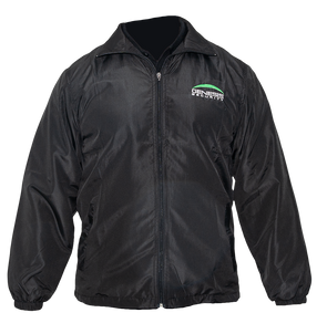 Picture of the front of a black windbreaker jacket, full-length front zipper up 6/8th of the way, allowing the straight collar to cuff over the collar of a black golf short. The sleeves have elastics at the wrists. A left chest embroidered logo displays the GENESIS name in white, topped by a fluorescent green moon crescent.