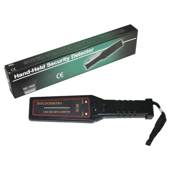 Picture of box above a hand-held safety metal detector device’s control side. The box is seen from a front, slightly downward angle view, showing the top too. Both sides are petroleum green at the centre and progressively darken to black at the edges. The top side displays “CE” and “SUPER SCANNER METAL DETECTOR” in black. The front of the box displays “HAND-HELD SECURITY DETECTOR” underlined in white model number and “CE” left, under the line and a picture of the detector to the right, crossing the line. 