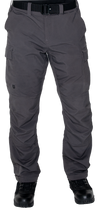 Dark grey cargo pants worn by an invisible model facing forward, legs slightly bent. A black tactical belt buckled at the waist tops the image and black GTG tactical boots appear under the pants at the bottom of the image. The pants have a flap-pocket above each knee and a grey GTG tactical logo is embroidered at the bottom left of the right pocket.