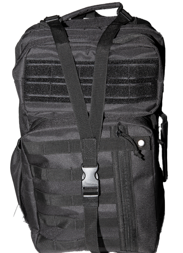 Front of cobra tactical sling backpack in black colour, featuring outer pouches covered with military spec, and buckled strap. 