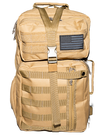 Front of cobra tactical sling backpack in desert sand colour, featuring outer pouches covered with military spec, and buckled strap. The top pouch has a black and white USA flag patch attached with Velcro on the right side.