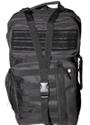 Picture of Cobra tactical backpack in black colour, focussed on outer pouches covered with military spec Mole, and buckled strap. 