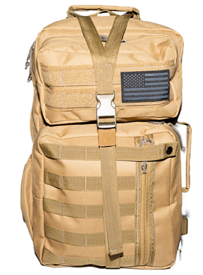 Picture of Cobra tactical sling backpack in desert sand colour, focussed on outer pouches covered with military spec Mole, and buckled strap . The top pouch has a black and white USA flag patch attached with Velcro on the right side