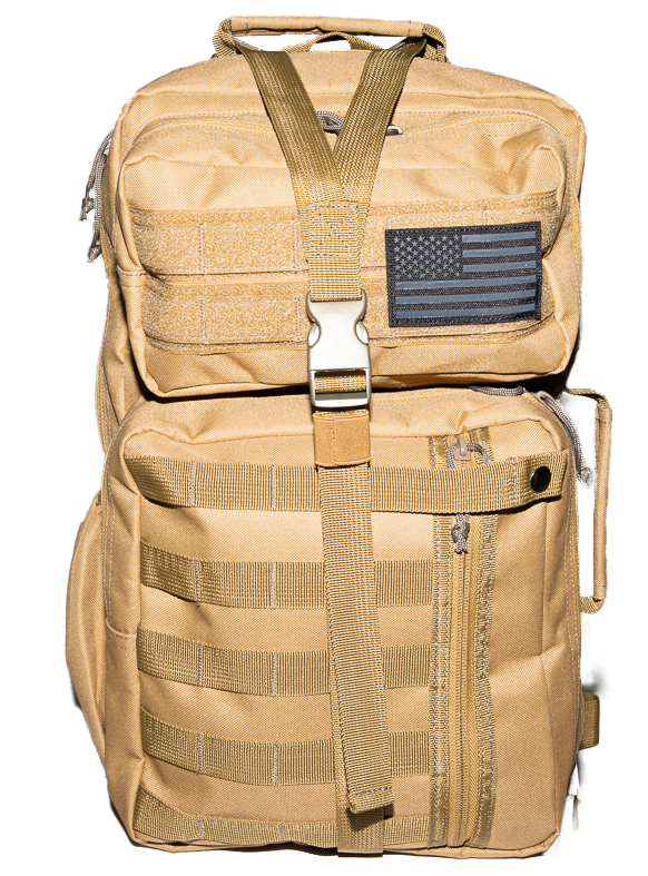 Picture of Cobra tactical sling backpack in desert sand colour, focussed on outer pouches covered with military spec Mole, and buckled strap . The top pouch has a black and white USA flag patch attached with Velcro on the right side