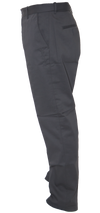Left side view of black dress pants