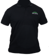 Front of a black short-sleeve golf shirt with two buttons. The left chest has an embroidered logo displaying GENESIS in white, topped by a fluorescent green moon crescent.