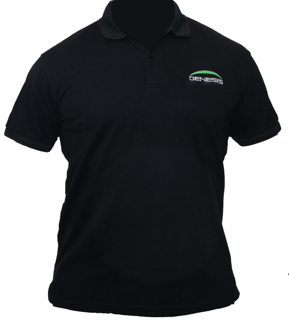 Front of a black short-sleeve golf shirt with two buttons. The left chest has an embroidered logo displaying GENESIS in white, topped by a fluorescent green moon crescent.