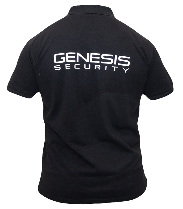 Back of a black short-sleeve golf shirt with white silkscreen print on top, displaying SECURITY, topped by GENESIS in larger characters.