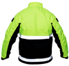 Back of standard length, long sleeve jacket, with upright collar and no rain-cap. Bottom half is black, topped by fluorescent green top, shoulders, and top of arms. Underarms and wristbands are black. Two 2” reflective horizontal stripes cross the jacked mid and bottom.