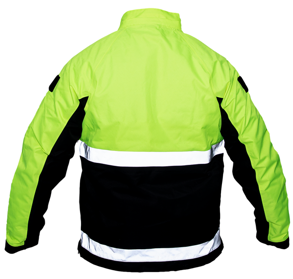 Back of standard length, long sleeve jacket, with upright collar and no rain-cap. Bottom half is black, topped by fluorescent green top, shoulders, and top of arms. Underarms and wristbands are black. Two 2” reflective horizontal stripes cross the jacked mid and bottom.