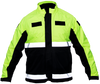 Front of standard length, long sleeve jacket, with upright collar and no rain-cap. Bottom half is black, topped by fluorescent green top, shoulders, and top of arms. Underarms, wristbands, front zipper, inner lining in collar, velcro patch on both chests and left shoulder are black. Two 2” reflective horizontal stripes cross the jacked mid and bottom.