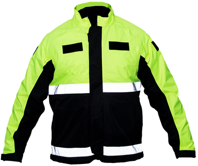 Front of standard length, long sleeve jacket, with upright collar and no rain-cap. Bottom half is black, topped by fluorescent green top, shoulders, and top of arms. Underarms, wristbands, front zipper, inner lining in collar, velcro patch on both chests and left shoulder are black. Two 2” reflective horizontal stripes cross the jacked mid and bottom.
