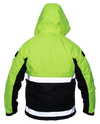 Back of standard length, long sleeve jacket, with upright collar with rain-cap. Bottom half is black, topped by fluorescent green top, shoulders, and top of arms. Underarms and wristbands are black. Two 2” reflective horizontal stripes cross the jacked mid and bottom.