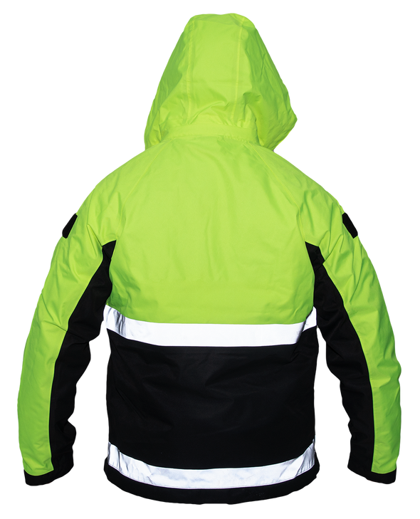 Back of standard length, long sleeve jacket, with upright collar with rain-cap. Bottom half is black, topped by fluorescent green top, shoulders, and top of arms. Underarms and wristbands are black. Two 2” reflective horizontal stripes cross the jacked mid and bottom.