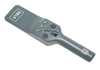 Picture of the flat control surface of a grey, hand-held security metal detector, crossing diagonally form the top left to the bottom right corner. The upper detection section displaying the model number and the middle control section are wider than the lower shaft.  The control section has 3 LED signal lights (alarm, low battery and power),  one low, normal and high sensitivity dial, and an on/off switch