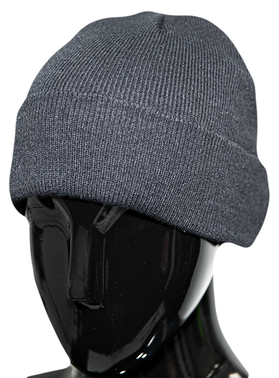 Picture of a dark grey cuffed beanie, covering the head of a shiny, neck-to-head black dummy.