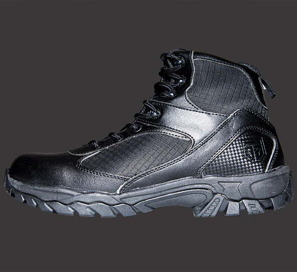 Picture of the outside of a left, ankle height, fully black boot, displaying the inch-high outsole topped by the intricate combination of leather and mesh fabric of the boot, laced till the top, with pull tab at the top, and embossed with the GTG logo at the heel to the right.