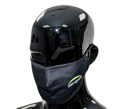 Black cotton cloth facemask worn by a mannequin. Genesis name in white is topped by a fluorescent green half-moon logo on top, on the left side of the mask.
