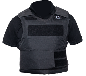 Picture of black stab-proof vest over a black golf shirt on an invisible model. Velcro patches at the front, under the shoulder attach to the flap coming from the back, two Velcro patches attach to the flap coming from the back to the front, under the chest. A white-on-black embroidered Canadian flag is attached at the Velcro under the left shoulder