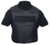 Picture of the back of a black stab-proof vest over a black golf shirt on an invisible model. A large Velcro patch is at the top of the back. 