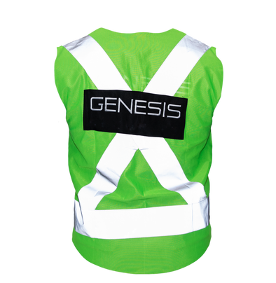 A fluorescent green reflective light mesh vest on the back of an invisible model, with shoulder to waste cross and hip horizontal 2-inch reflective silver tape, branded by a back patch displaying a reflective silver embroidered GENESIS name on black background.