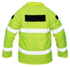 Picture of the back of a fluorescent yellow-green security jacket with two 2-inch horizontal silver reflective stripes circling around the body and the arms, topped by two shoulder and one back Velcro patch. The collar is rolled over a rain cap.